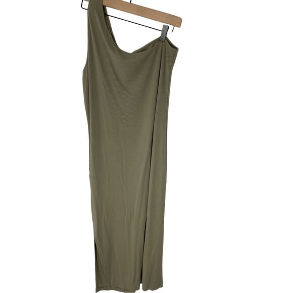 Banana Republic Tate Olive Green Ribbed Modest ONE-SHOULDER DRESS Sz L - Picture 7 of 8